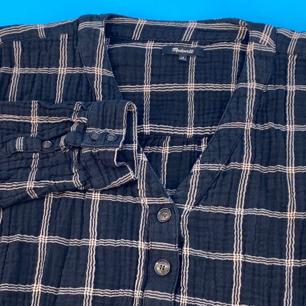Madewell Womens 1X Evert Lightspun Black Plaid Double Gauze V-Neck Long Sleeve